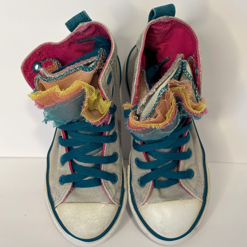 Converse All Star Girls Kids 12 High Top Sneakers Gray Teal Pink Rainbow Tulle - Picture 10 of 10